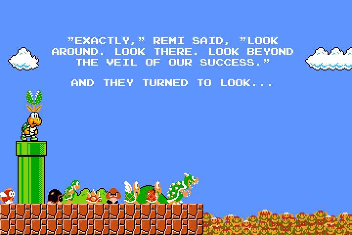 Same scene as the previous panel.  The text reads, '`Exactly,` Remi said.  `Look around.  Look there.  Look beyond the veil of our success.` And they turned to look.'  Everyone is turned to look across the pit.