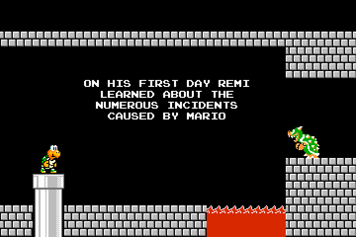 The koopa troopa (Remi) stands inside the castle facing Bowser.  The narration reads, 'On his first day Remi learned about the numerous incidents caused by Mario.'