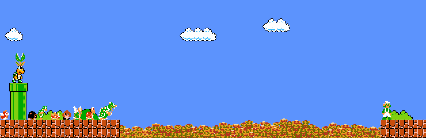 The final panel is very wide, and has no text.  On the left we see the same scene as the previous panel.  In the middle we see the entire pit filled with dead Marios, which is very wide.  On the other side, standing alone, is Luigi.  He faces the gathered crowd in silence as they stare back at him.
