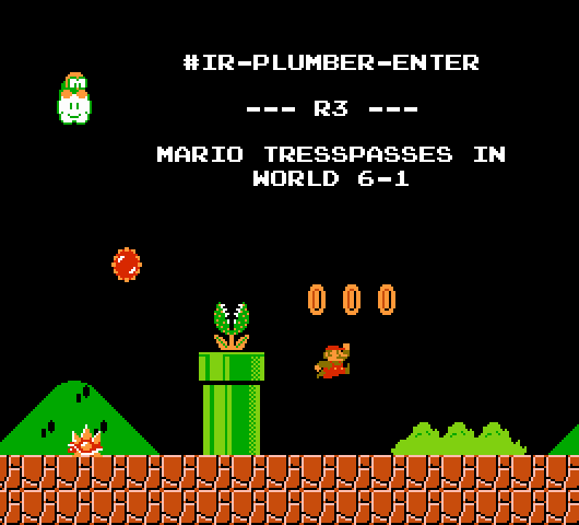 Mario is jumping in World 6-1.  The text reads, '#ir-plumber-enter - R3 - Mario tresspasses in World 6-1'