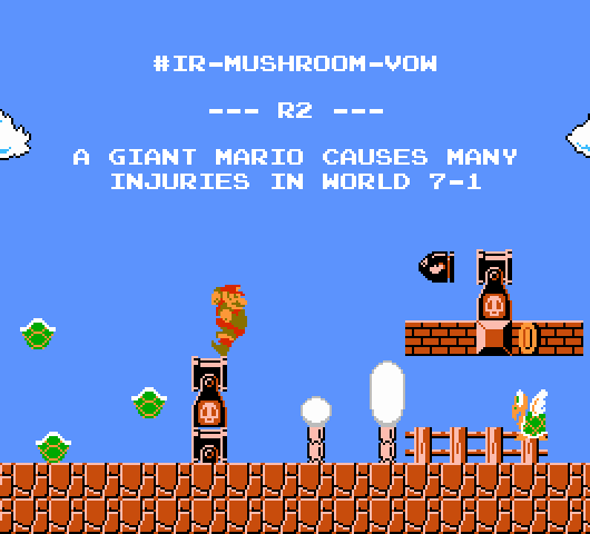 Mario, enlarged by a mushroom, is running around World 7-1 with several upside down koopa troopa shells in his wake. The text reads, '#ir-mushroom-vow - R2 - A giant Mario causes many injuries in World 7-1.'