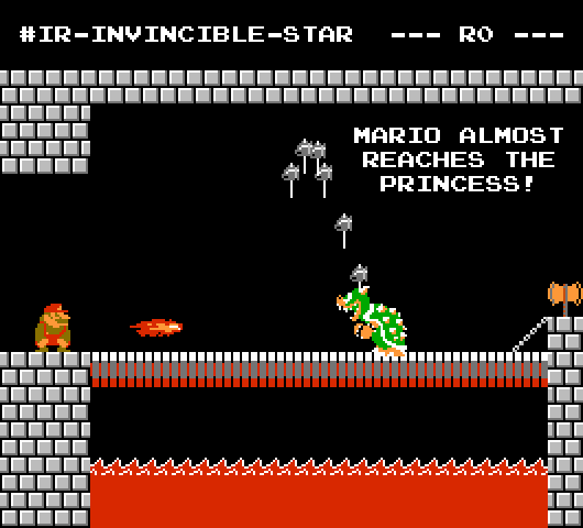 Mario is in a castle facing off against Bowser. The text reads, '#ir-invincible-star - R0 - Mario almost reaches the princess!'