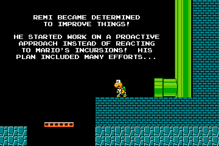 Remi stands in an underground level, alone. The text reads, 'Remi became determined to improve things! He started work on a proactive approach instead of reacting to Mario's incursions! His plan included many efforts...